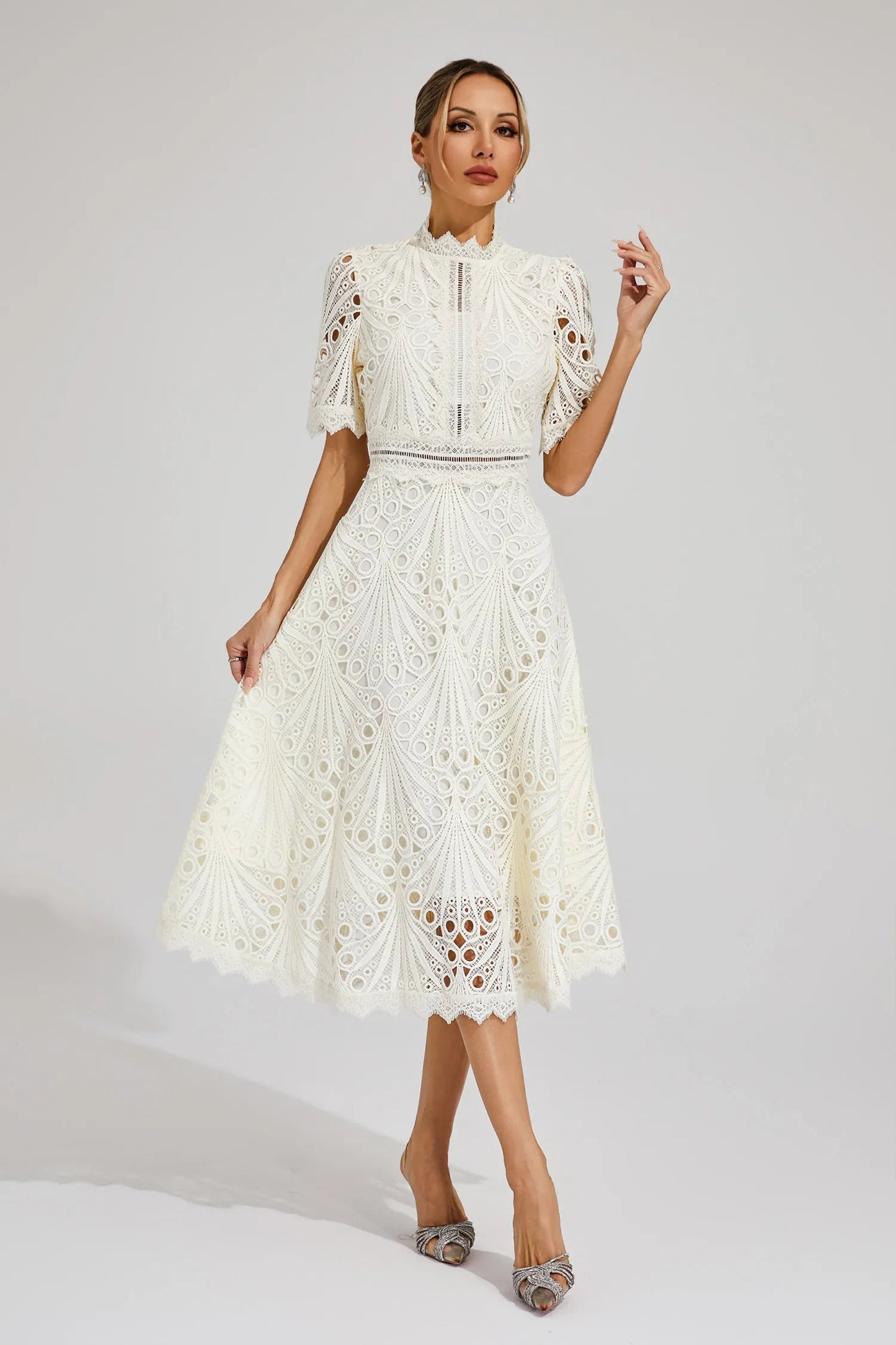 Women's Lace Midi Dress – High Neckline, Short Sleeve, Cut-Out Detail-83326-0c11029e-6311-4f80-9e21-75e5e4394292