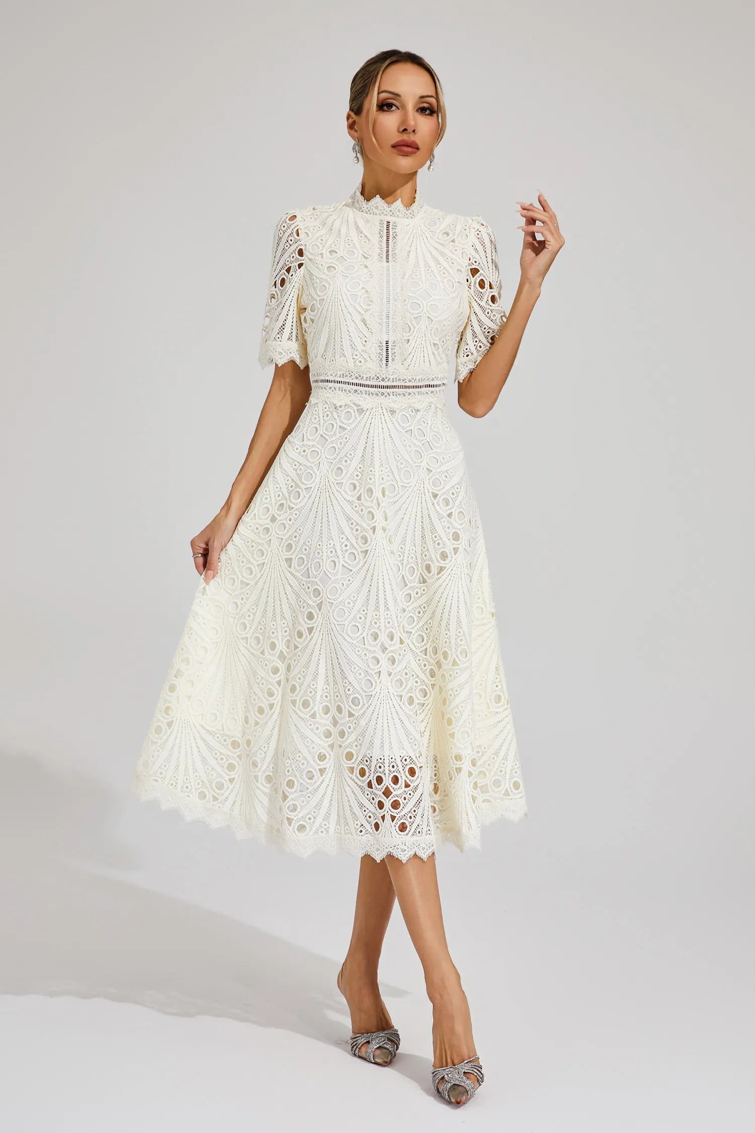 Women's Lace Midi Dress – High Neckline, Short Sleeve, Cut-Out Detail-83326-0c11029e-6311-4f80-9e21-75e5e4394292