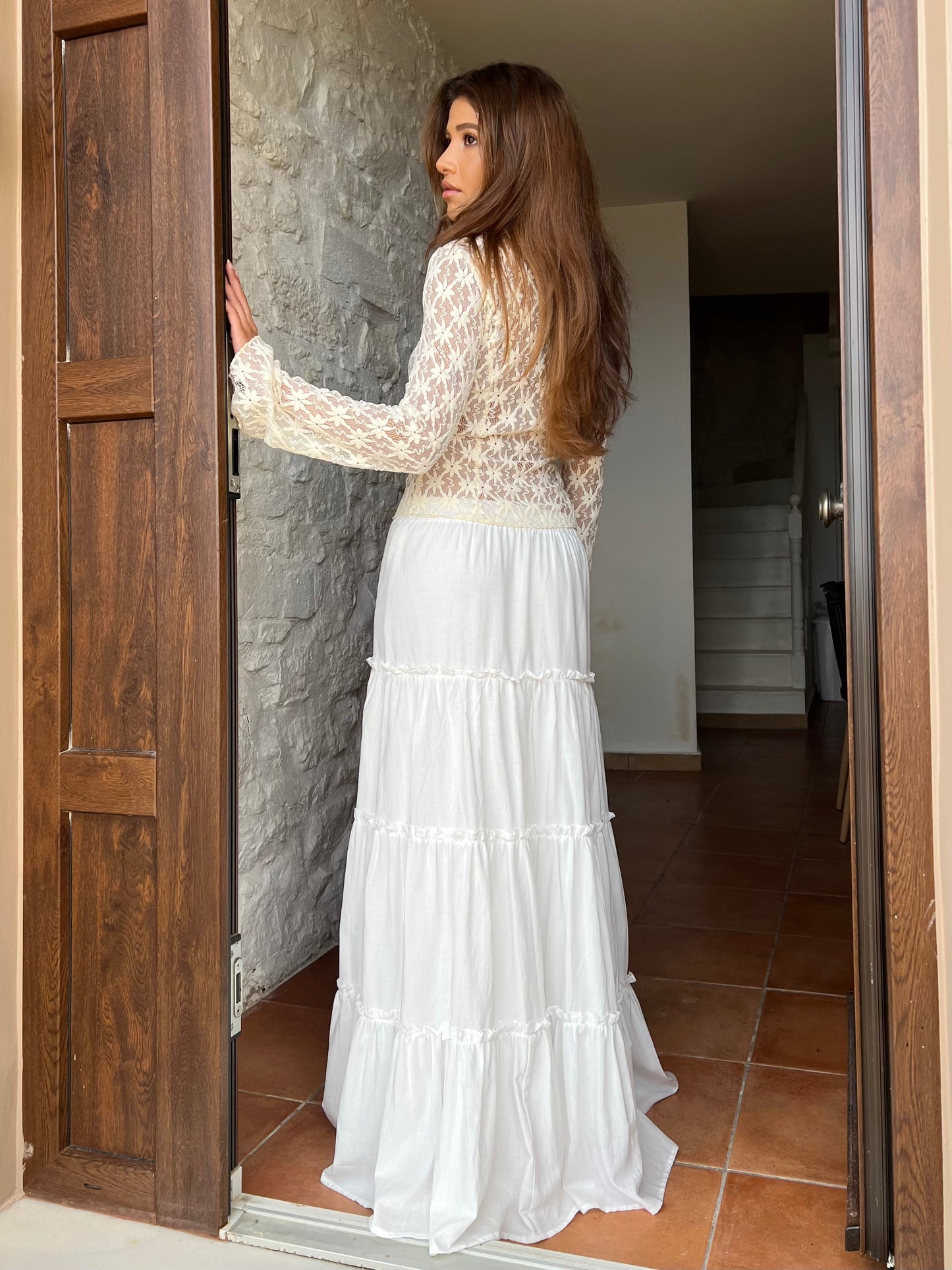 Lace Two-Piece Set - Flared Sleeves, Tiered Skirt