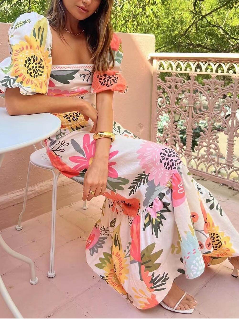 Floral Maxi Dress - Square Neck Ruffle Hem