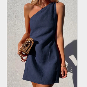 Basicfold Women's Linen One-Shoulder Mini Dress – Asymmetrical Neckline-83276-13148975-df49-4383-9b53-32e150487583