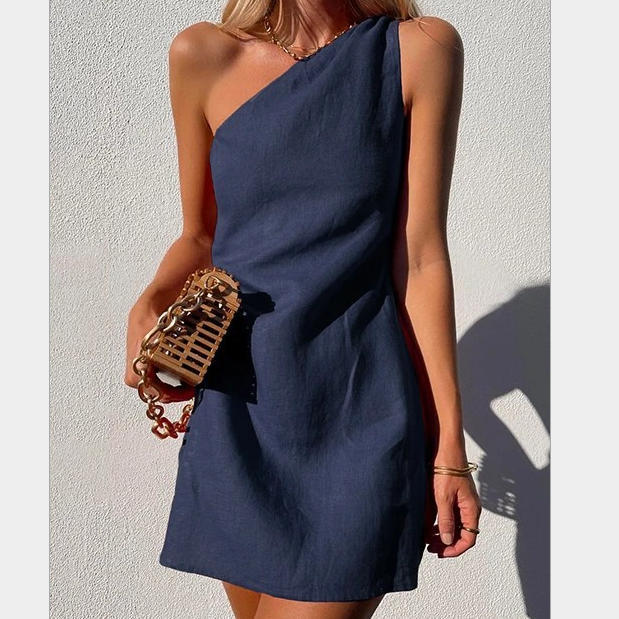 Basicfold Women's Linen One-Shoulder Mini Dress – Asymmetrical Neckline-83276-13148975-df49-4383-9b53-32e150487583