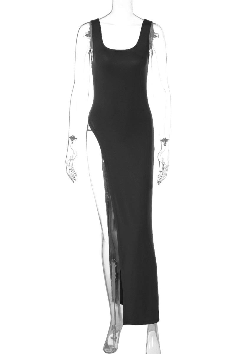 Fitted Top - Asymmetrical Slit, Sleeveless Design