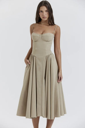 Women's Midi Dress – Pleated Skirt, Structured Bodice, Pockets-83506-14a04251-4c88-4d4d-8492-12a9fb0bf492