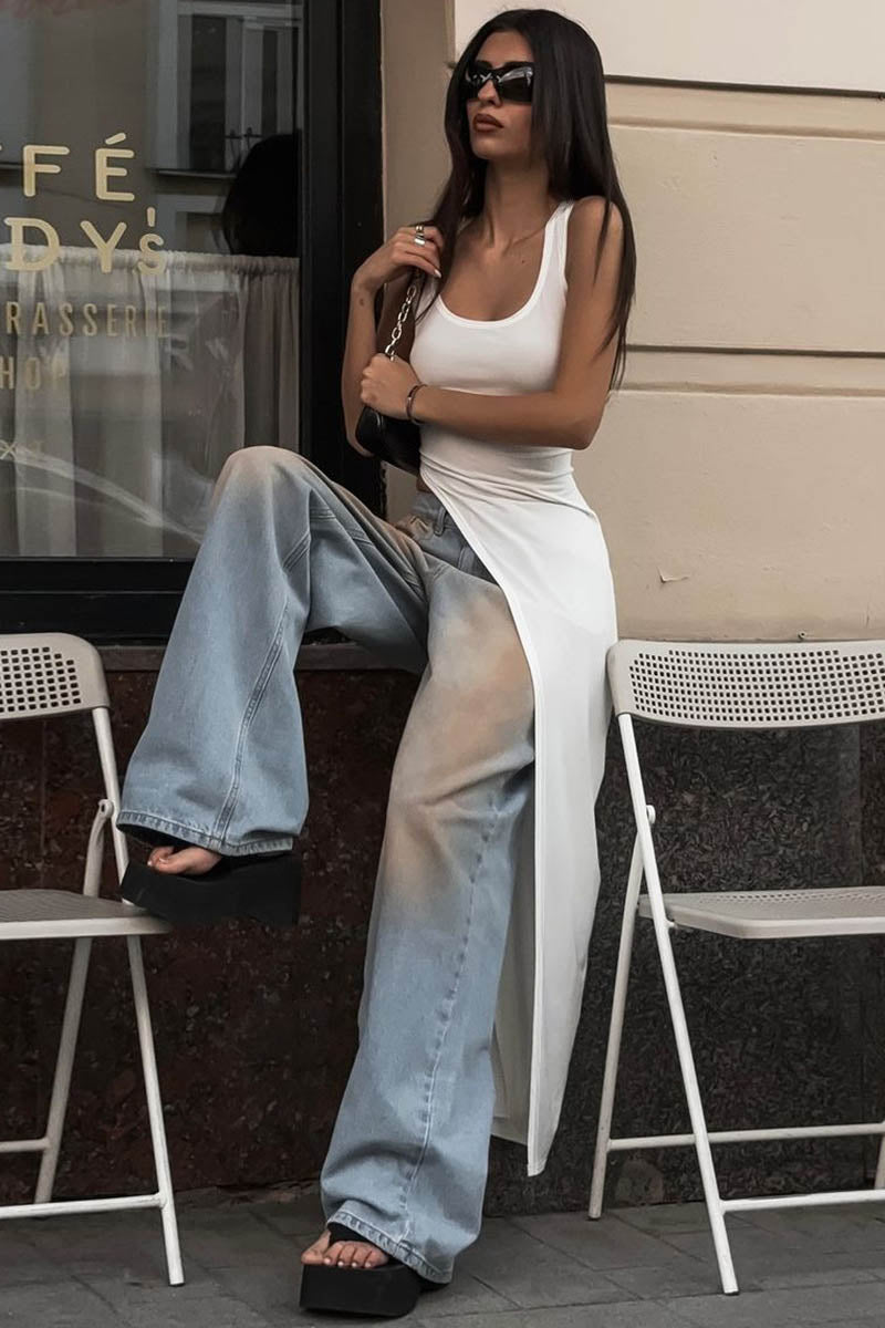 Fitted Top - Asymmetrical Slit, Sleeveless Design