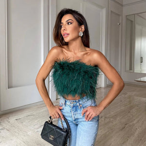 Feather Bandeau Top - Strapless Embellished Design