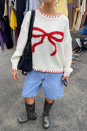 Bow Knit Top - Red Bow & Trim Detail