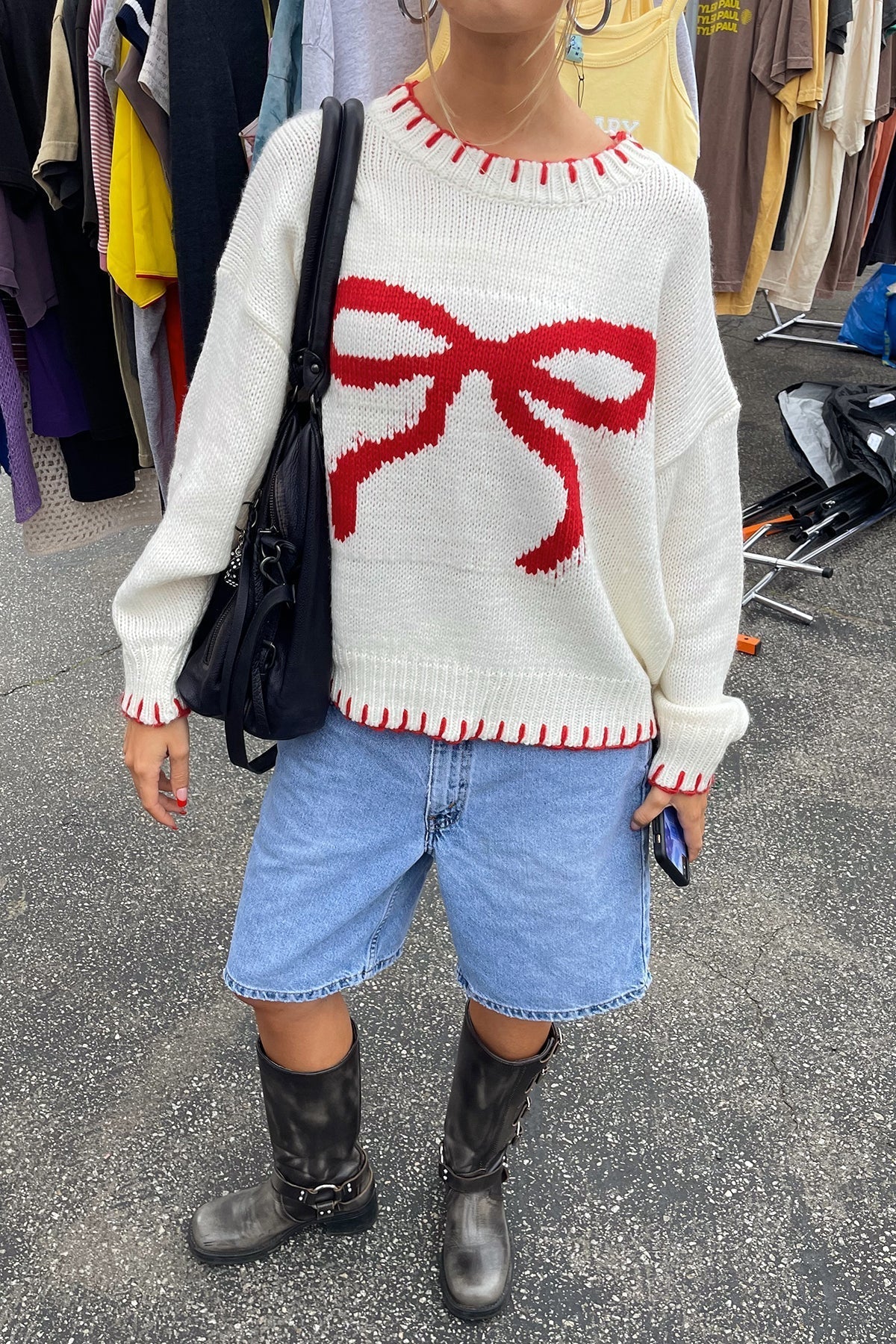 Bow Knit Top - Red Bow & Trim Detail