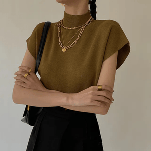 Knit Mock Neck Top – Relaxed Fit, Short Sleeve