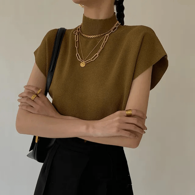 Knit Mock Neck Top – Relaxed Fit, Short Sleeve