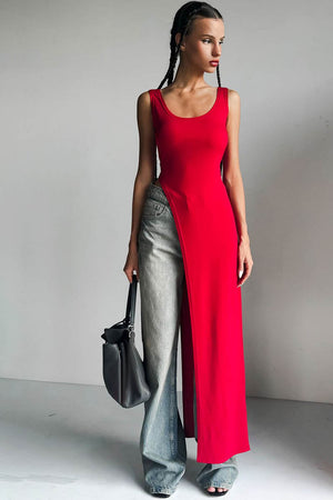 Fitted Top - Asymmetrical Slit, Sleeveless Design