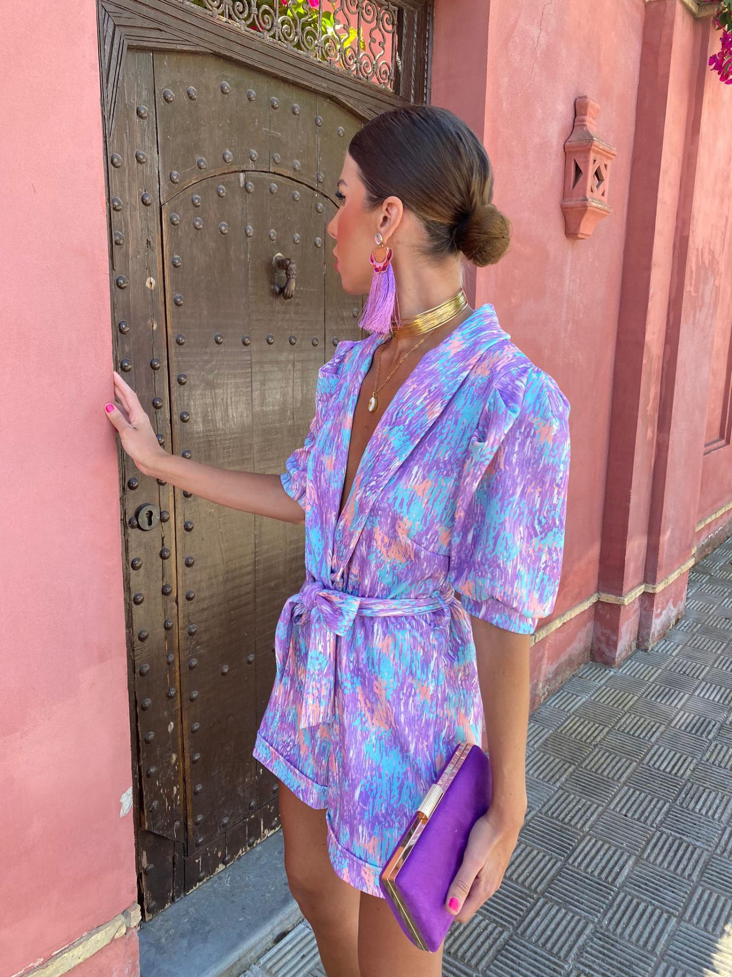 Abstract Print Wrap Romper with Belt