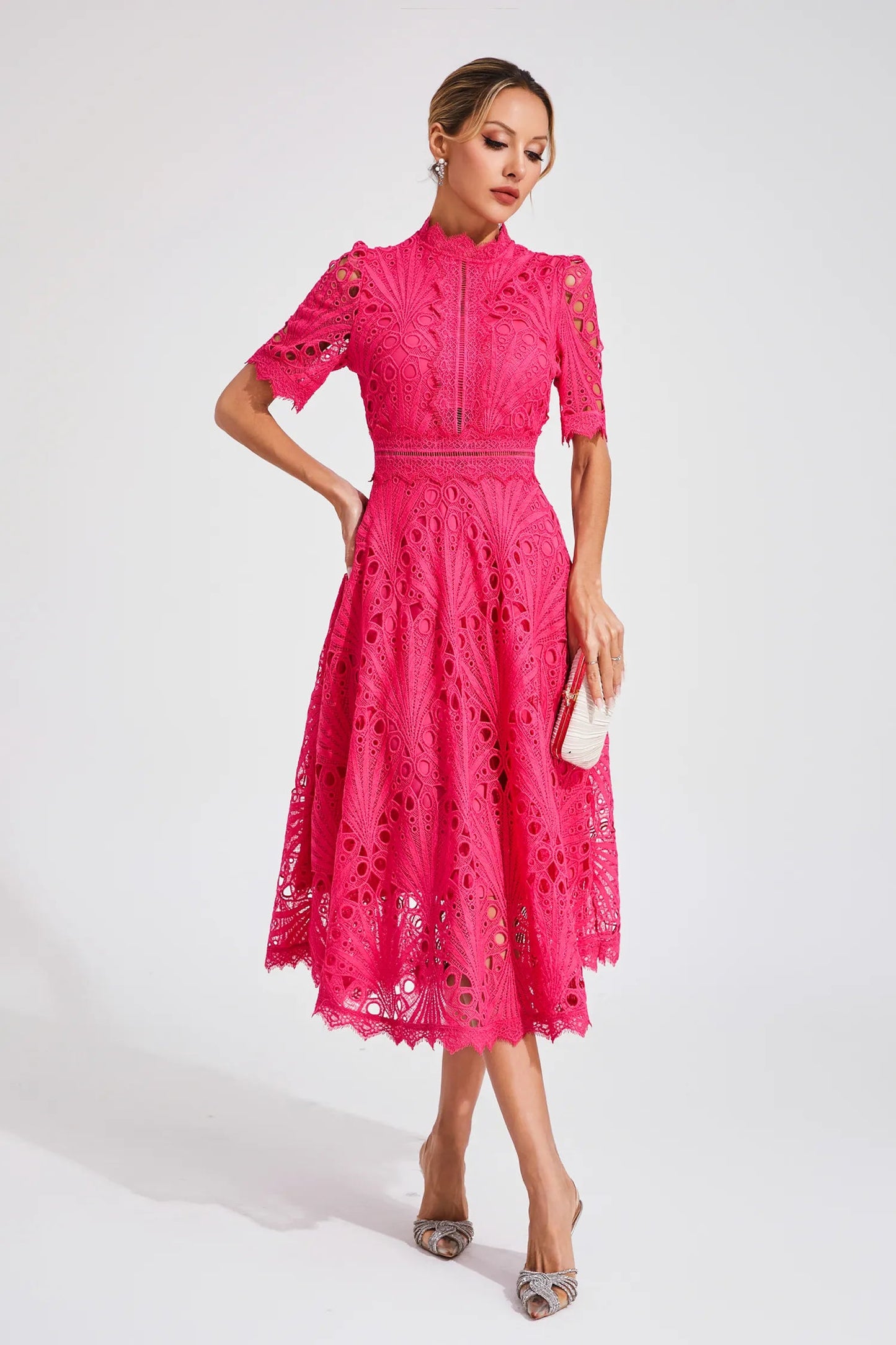 Women's Lace Midi Dress – High Neckline, Short Sleeve, Cut-Out Detail-83326-1bc446d9-2944-4303-9182-02a4e2675f37