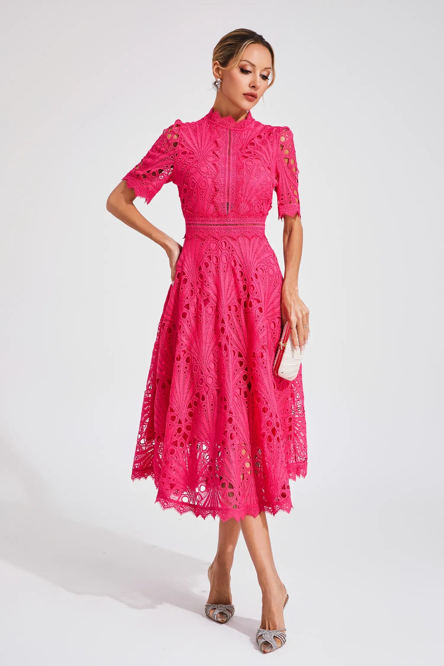 Women's Lace Midi Dress – High Neckline, Short Sleeve, Cut-Out Detail-83326-1bc446d9-2944-4303-9182-02a4e2675f37