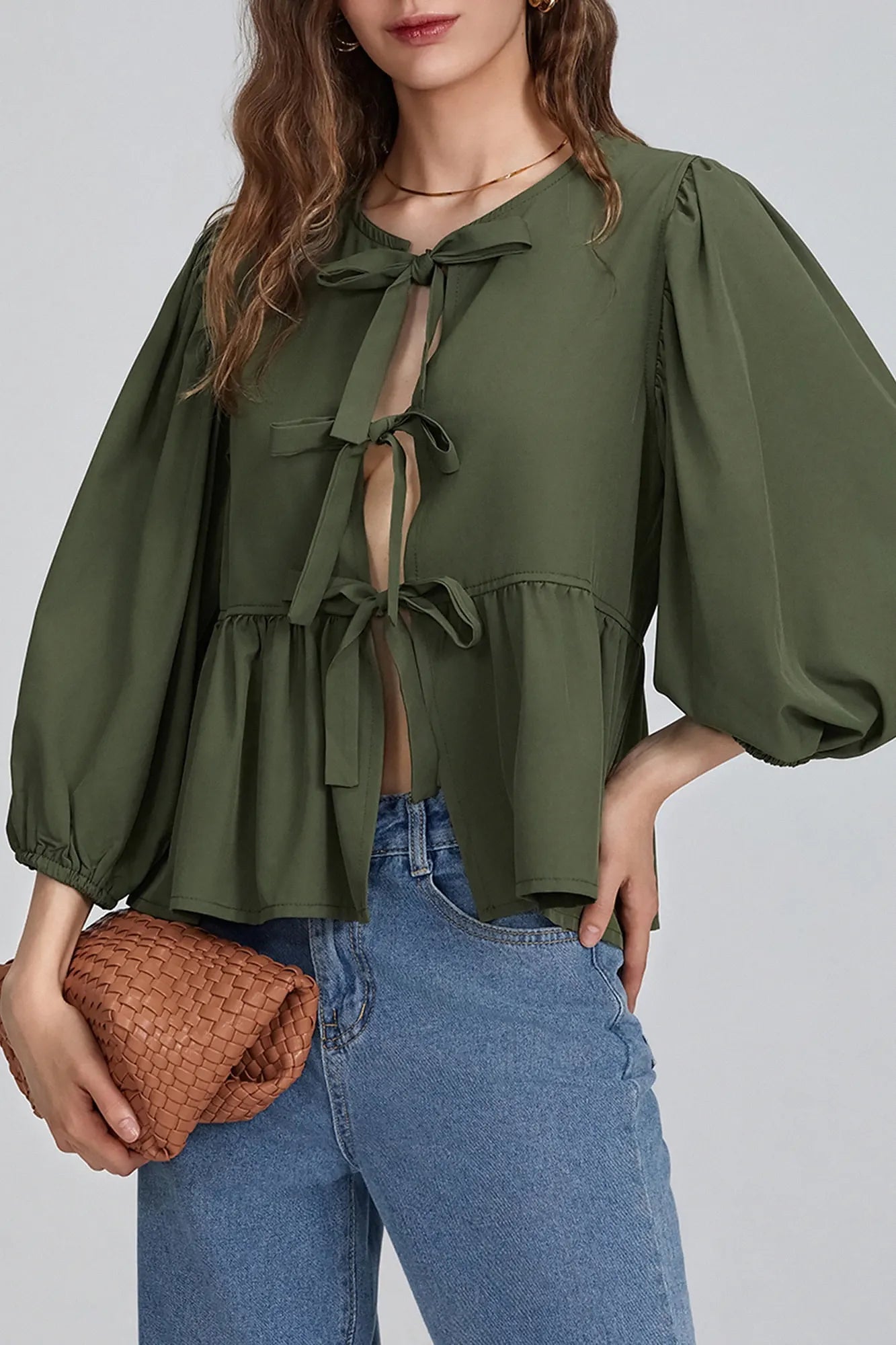 Basicfold Women's Bow Detail Peplum Blouse – Three-Quarter Sleeves, Multiple Colors-83302-1f93c560-244e-4124-a28c-43e9614538ef