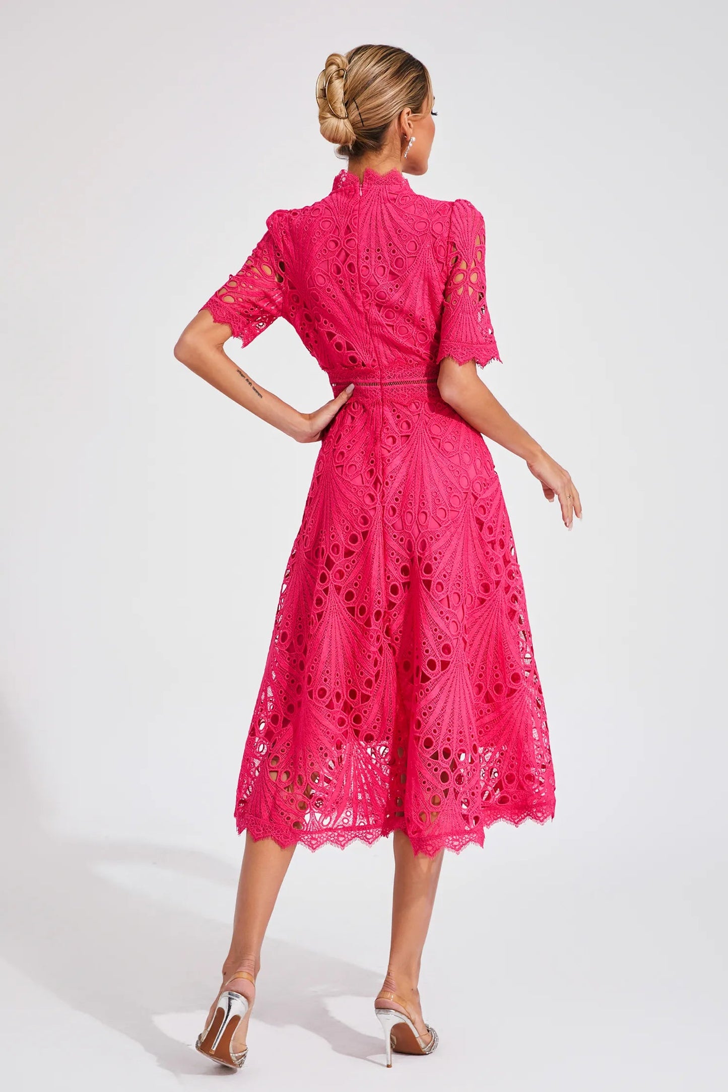 Women's Lace Midi Dress – High Neckline, Short Sleeve, Cut-Out Detail-83326-1fa51d2b-ad6e-49a6-ac5d-5c36f4fd7562