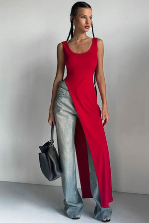 Fitted Top - Asymmetrical Slit, Sleeveless Design