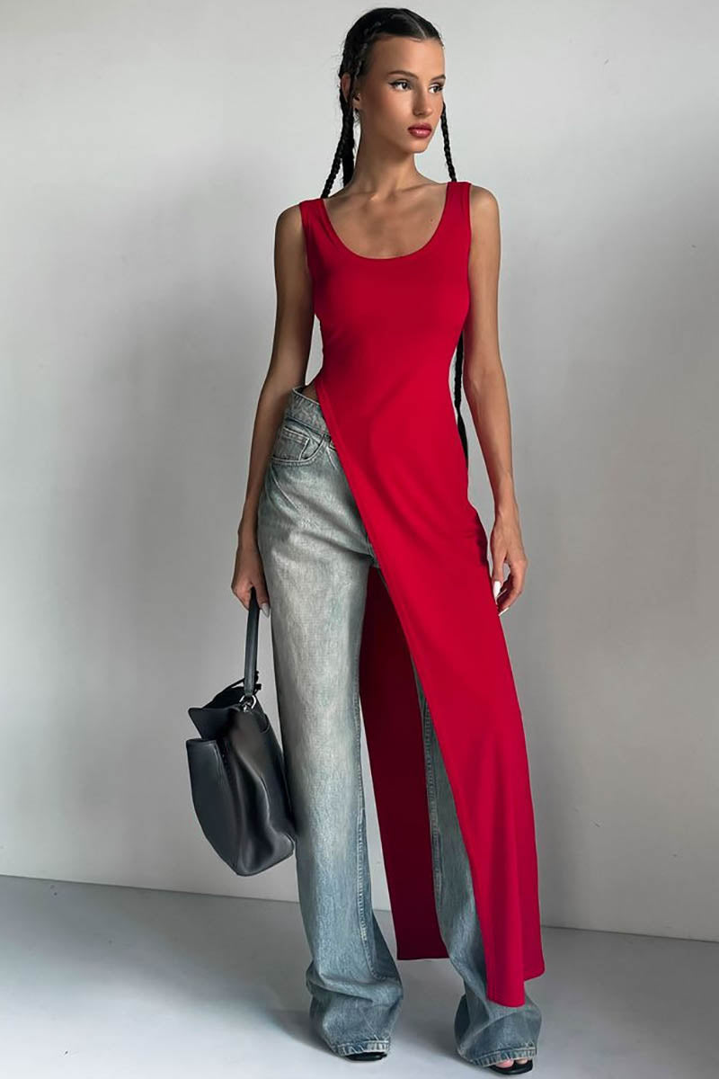 Fitted Top - Asymmetrical Slit, Sleeveless Design