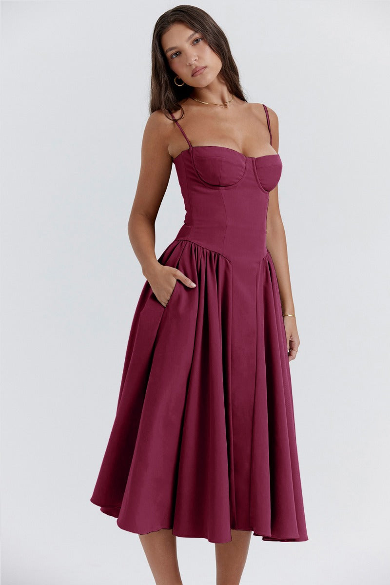 Women's Midi Dress – Pleated Skirt, Structured Bodice, Pockets-83506-20dc9fc4-adaa-410b-8e81-918d17f77a5a
