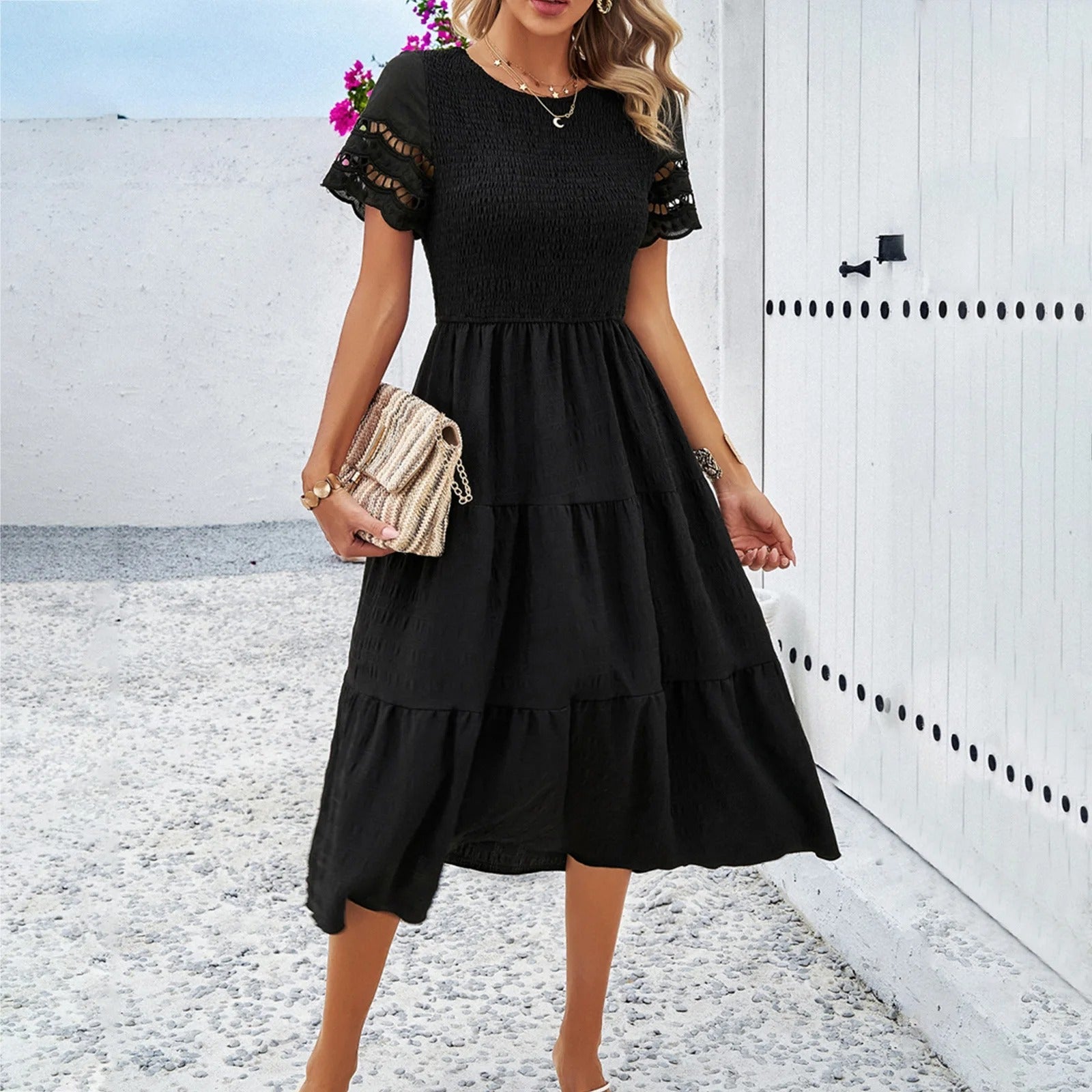 Women's Eyelet Smocked Tiered Mini Dress - Casual Summer Style-81836-210206f1-0011-4b99-8b9c-557599fb0688