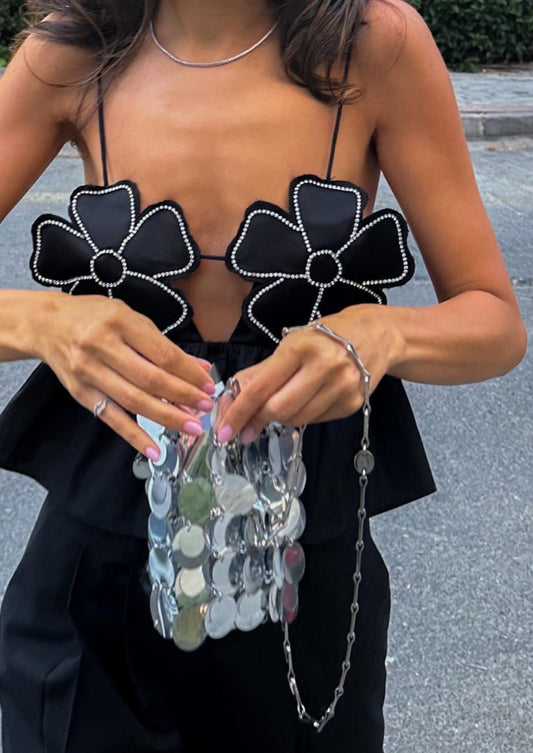 Floral Appliqué Halter Top with Peplum