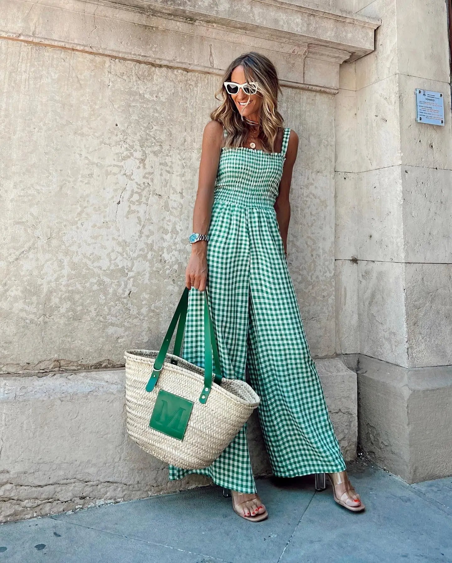 Gingham Jumpsuit - Smocked Wide Leg Design