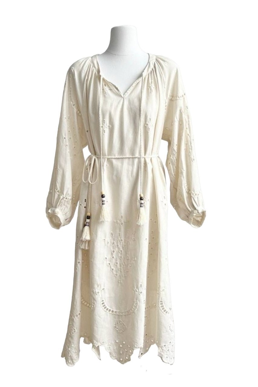 Eyelet Midi Dress with Drawstring Waist