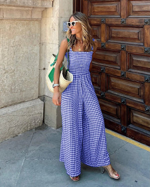 Gingham Jumpsuit - Smocked Wide Leg Design