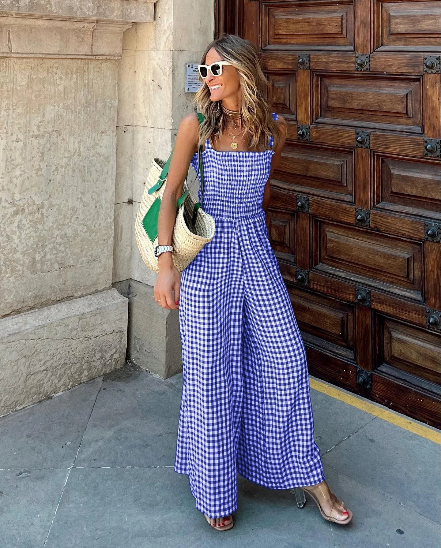 Gingham Jumpsuit - Smocked Wide Leg Design