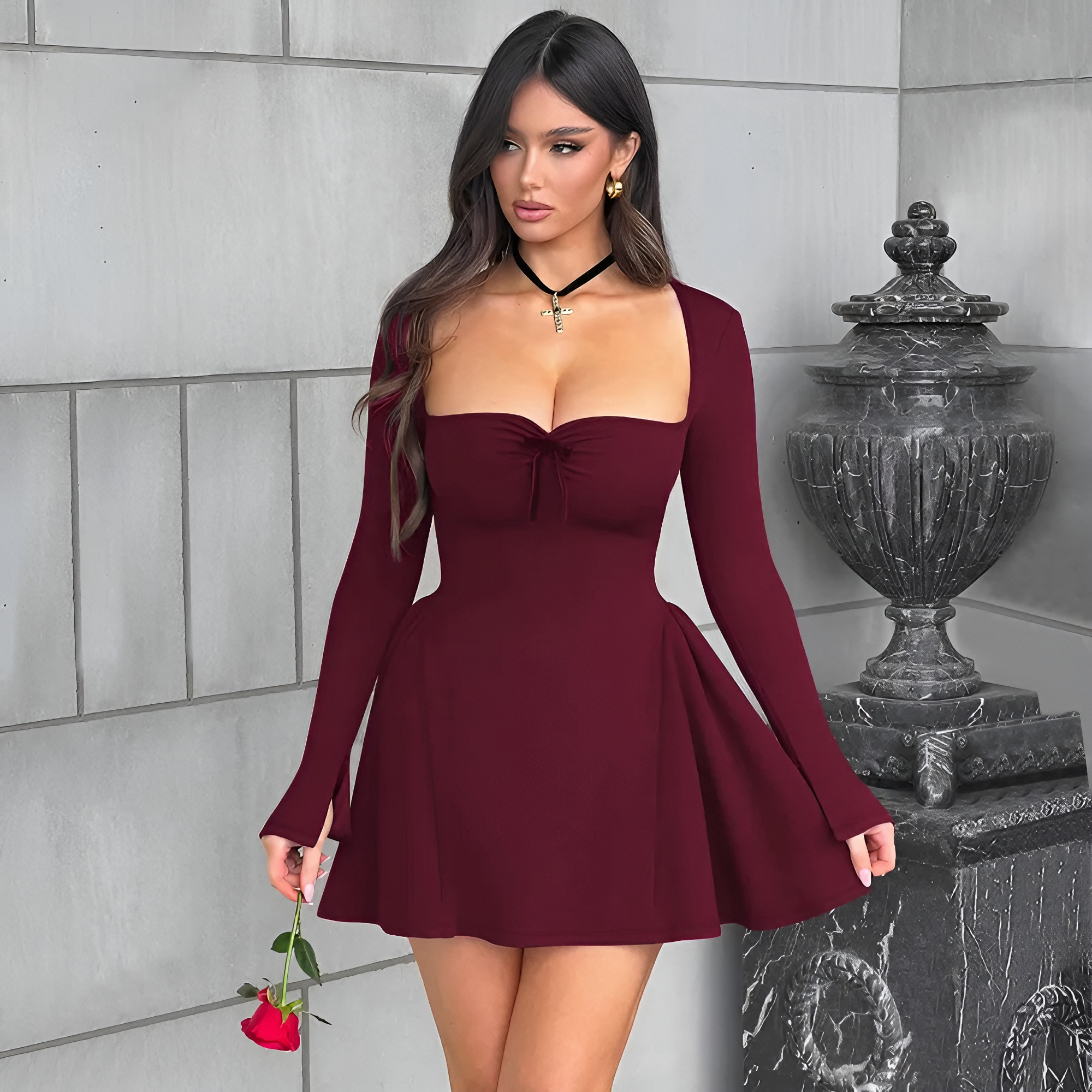 Women's Mini Dress – Square Neck, Long Sleeve, A-Line Silhouette-83527-2acc07ac-8445-4444-a024-97b5654dc767