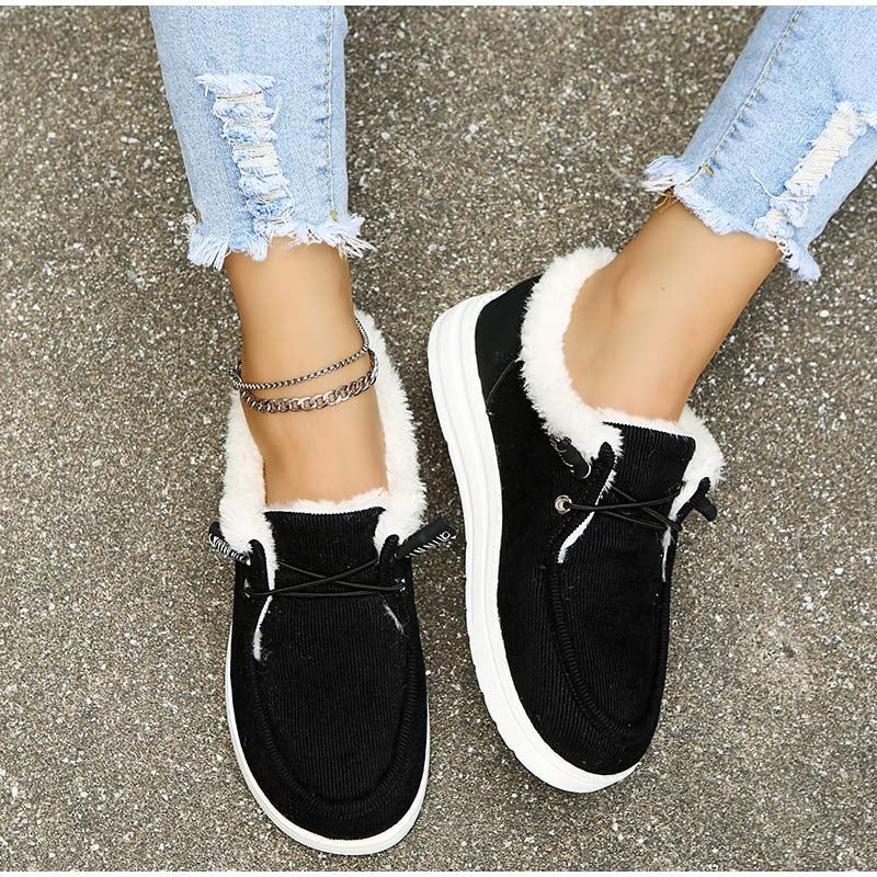 Women's Flat Shoes – Corduroy Faux Fur Lined Lace-Up, Rubber Sole-82593-2efda9dd-933f-4f6a-b1f8-52239684ab36