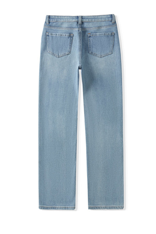 Ribbed Henley Top & High-Waisted Straight Jeans