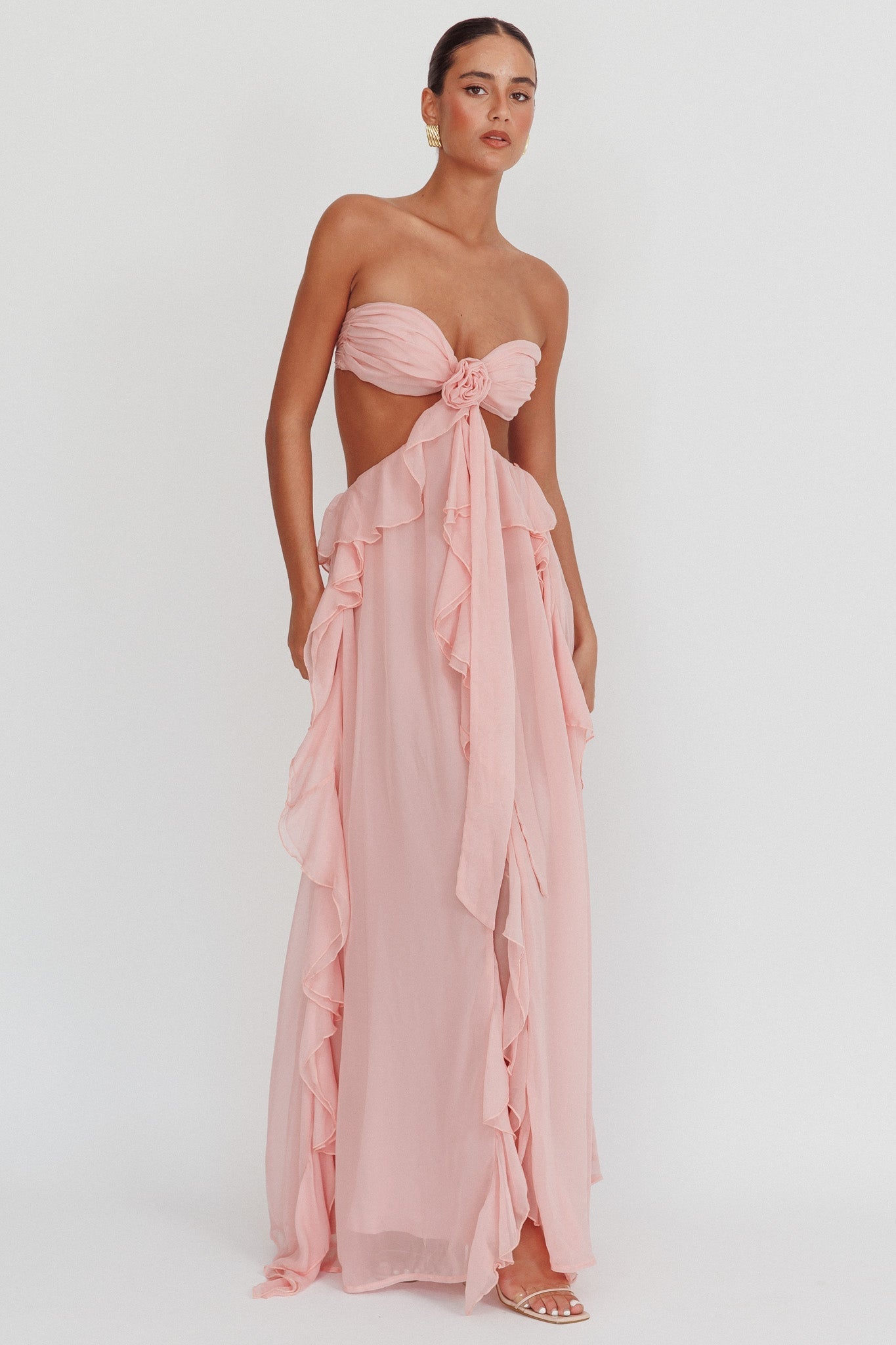 Women's Strapless Ruffle Cut-Out Flowing Dress - Elegant Occasion-83518-324b35a5-6ee9-4de2-8eb0-599ee6a698d4