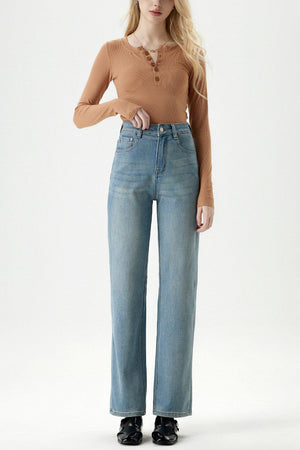 Ribbed Henley Top & High-Waisted Straight Jeans