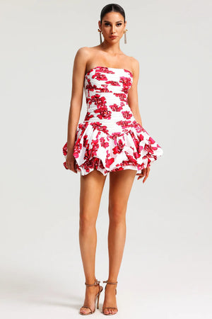 Women's Strapless Floral Print Dress – Ruffled Skirt, Structured Bodice, Occasion Wear-83685-35404da7-15a4-4609-ae42-4a20db7d8908