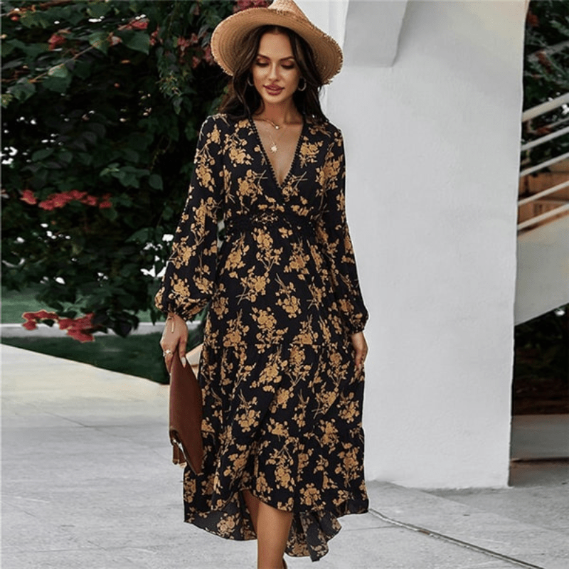 Floral V-Neck Black Dress - Asymmetrical Hem