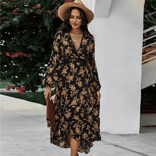 Floral V-Neck Black Dress - Asymmetrical Hem