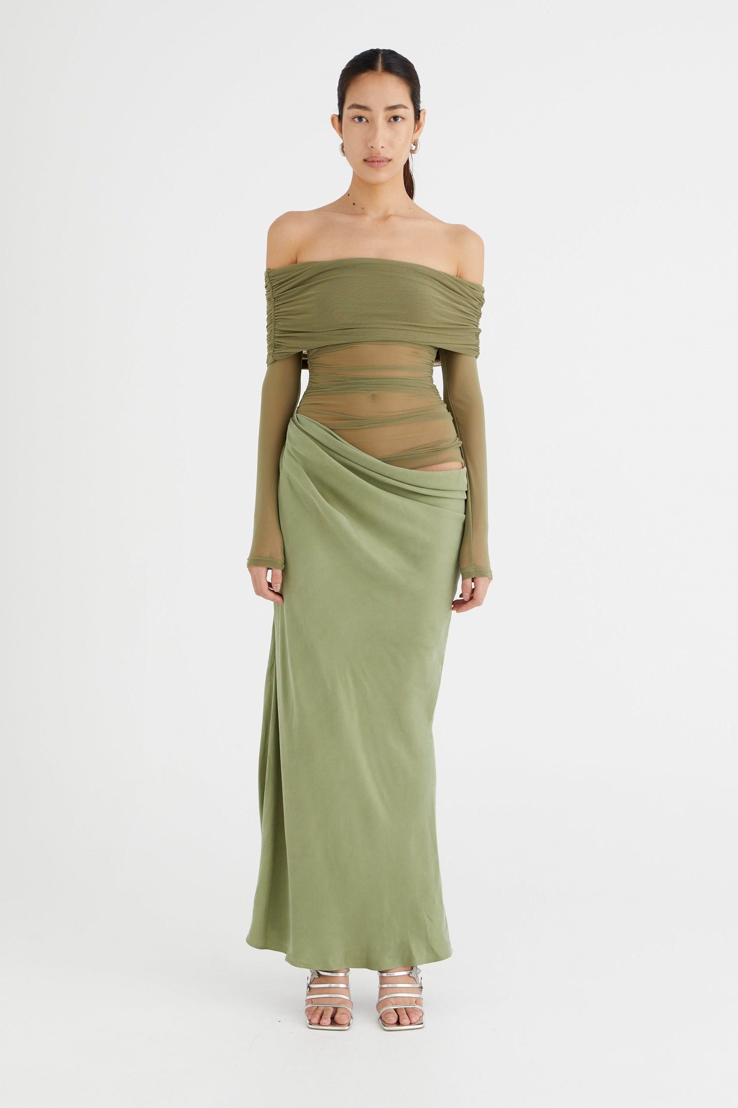 Sheer Sleeve Draped Skirt Occasion Gown