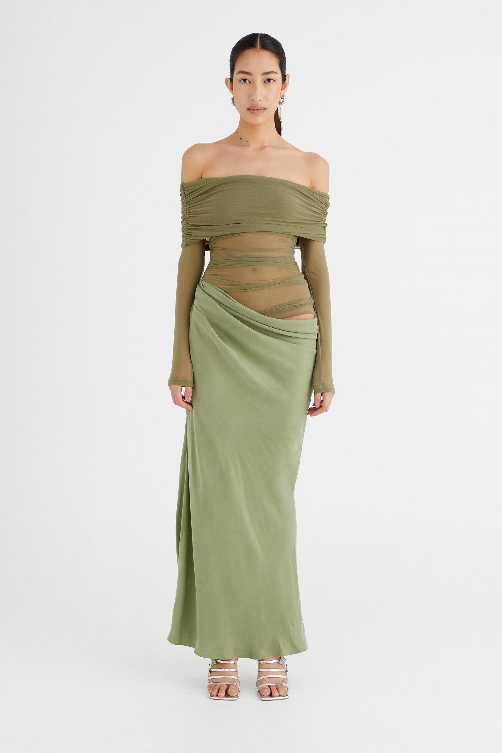 Sheer Sleeve Draped Skirt Occasion Gown