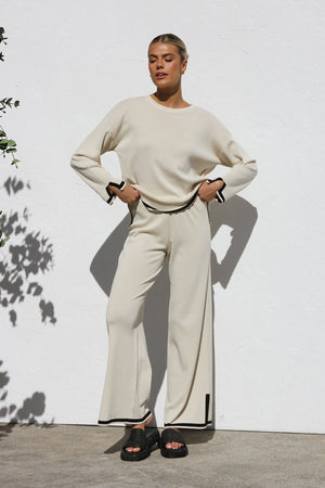 Relaxed Knit Set - Wide Leg Pants, Cream