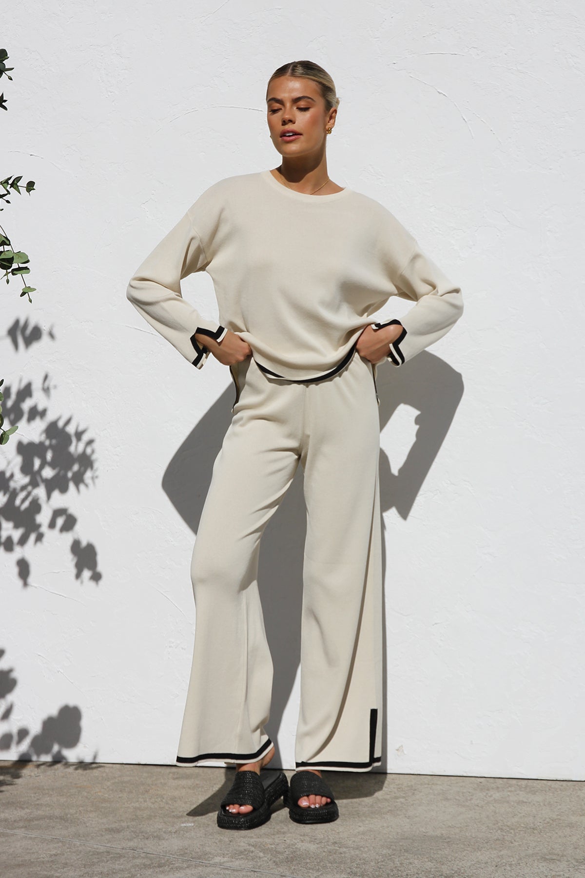 Relaxed Knit Set - Wide Leg Pants, Cream