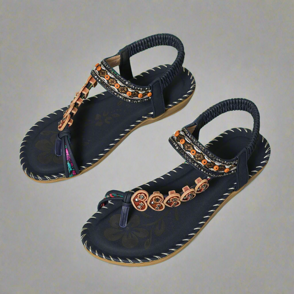 Women's Flat Sandals – Floral Bead T-Strap, Elastic Ankle-83364-38c6a728-5797-460a-a8db-830c4f25b5e6
