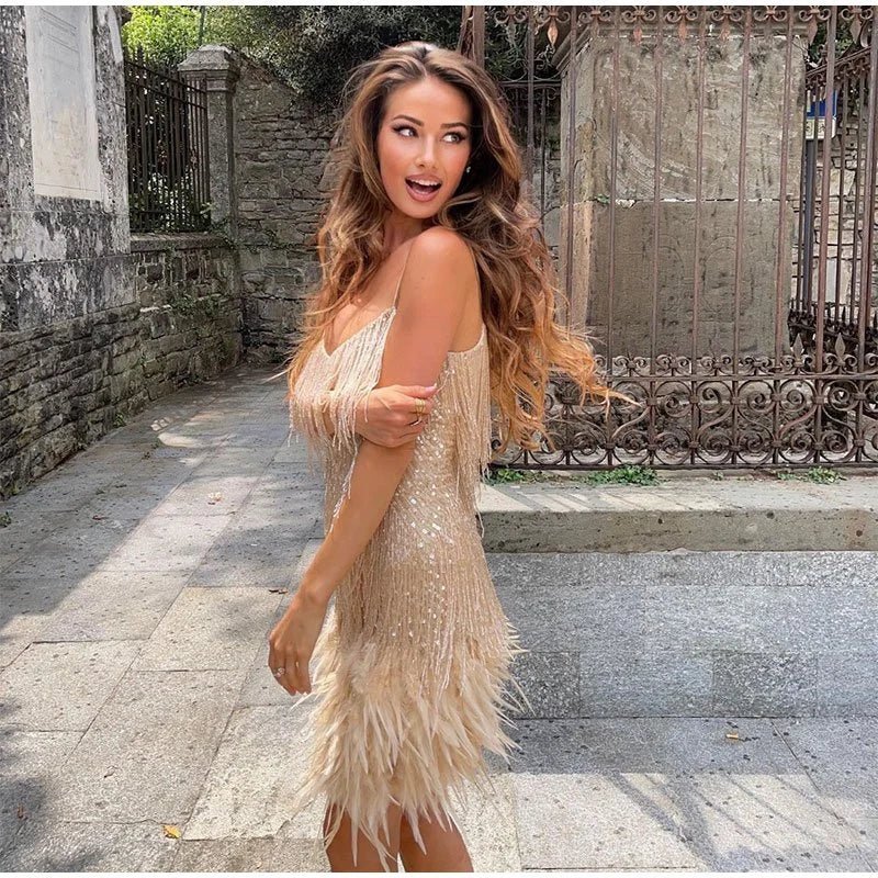 Women's Mini Dress – Feather Trim Fringe Spaghetti Strap-83329-38fc506a-5d25-4de6-9919-8a0db796e7ba