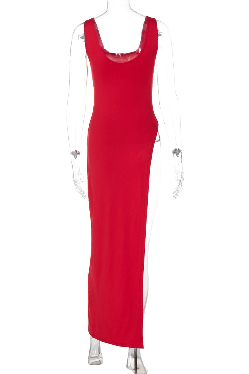 Fitted Top - Asymmetrical Slit, Sleeveless Design