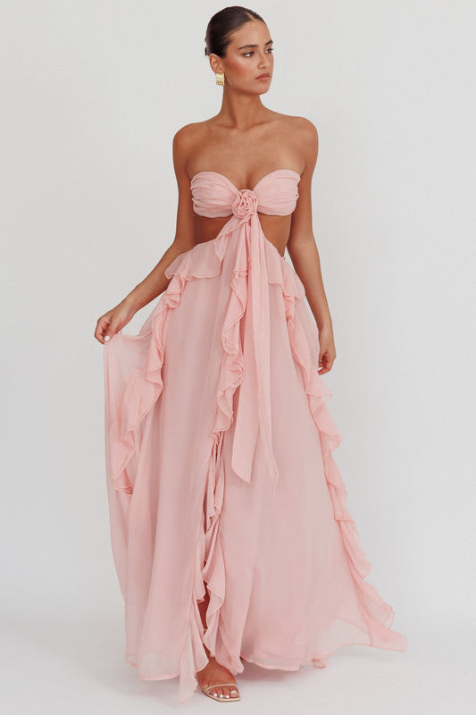 Women's Strapless Ruffle Cut-Out Flowing Dress - Elegant Occasion-83518-3a3f6633-ffa9-4ca9-90eb-dea00d513b5d