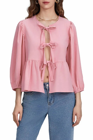 Basicfold Women's Bow Detail Peplum Blouse – Three-Quarter Sleeves, Multiple Colors-83302-3a4a81a6-48d8-4824-8166-4c1fb97996e9