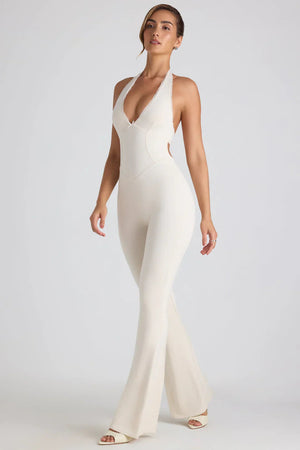 Women's Jumpsuit – Ribbed Halter Neck, Flared Leg, Figure-Hugging Silhouette-83502-3a6e80a4-9e2e-4edb-aad6-74190e45bd52