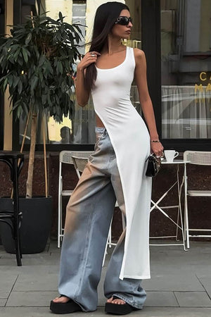 Fitted Top - Asymmetrical Slit, Sleeveless Design