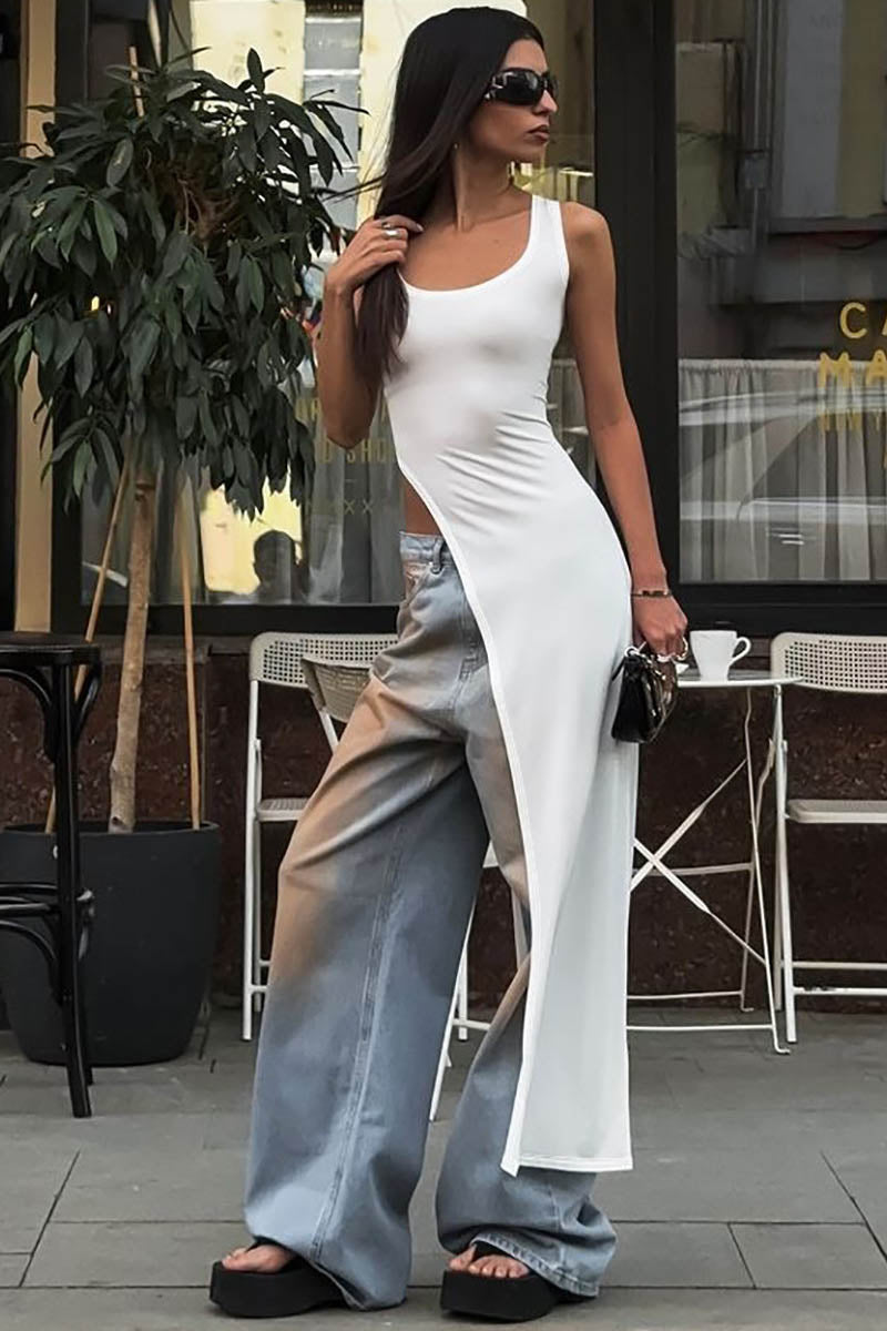 Fitted Top - Asymmetrical Slit, Sleeveless Design