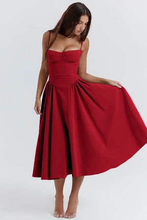 Women's Midi Dress – Pleated Skirt, Structured Bodice, Pockets-83506-3bb099d9-b45a-44df-a19a-7ab32cfe251f